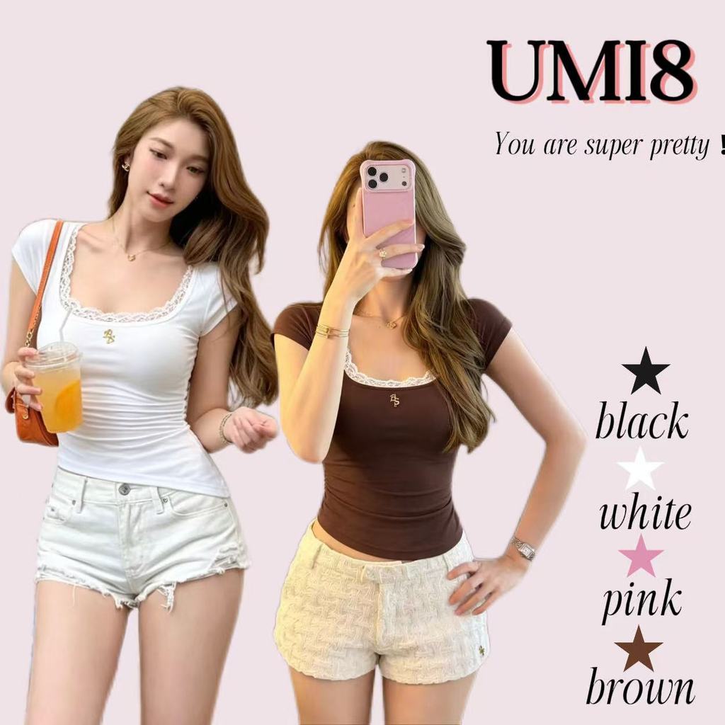 UMI8💝【ในสต็อก】💝 เสื้อกั๊กแขนสั้นทรงเข้ารูป คอยู ดีไซน์ไม่สมมาตร ประดับลูกไม้ สวยงามเย้ายวนใจ สำหรับฤดูร้อนปี 2026