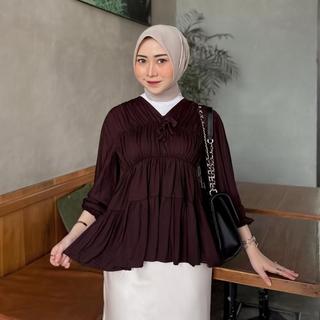 Mireya Blouse Kerut Dada Lengan Panjang Bahan Rayon Adem Atasan Wanita Model Terbaru