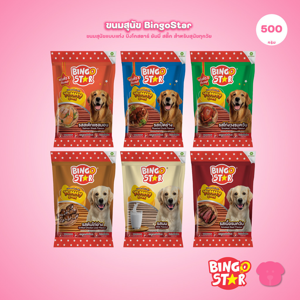 [ยกลัง 24*500g] BingoStar บิงโกสตาร์ Yummy Stick ขนมสุนัขแบบแท่ง สำหรับสุนัขทุกวัย 500 กรัม ทุกรสชาติ