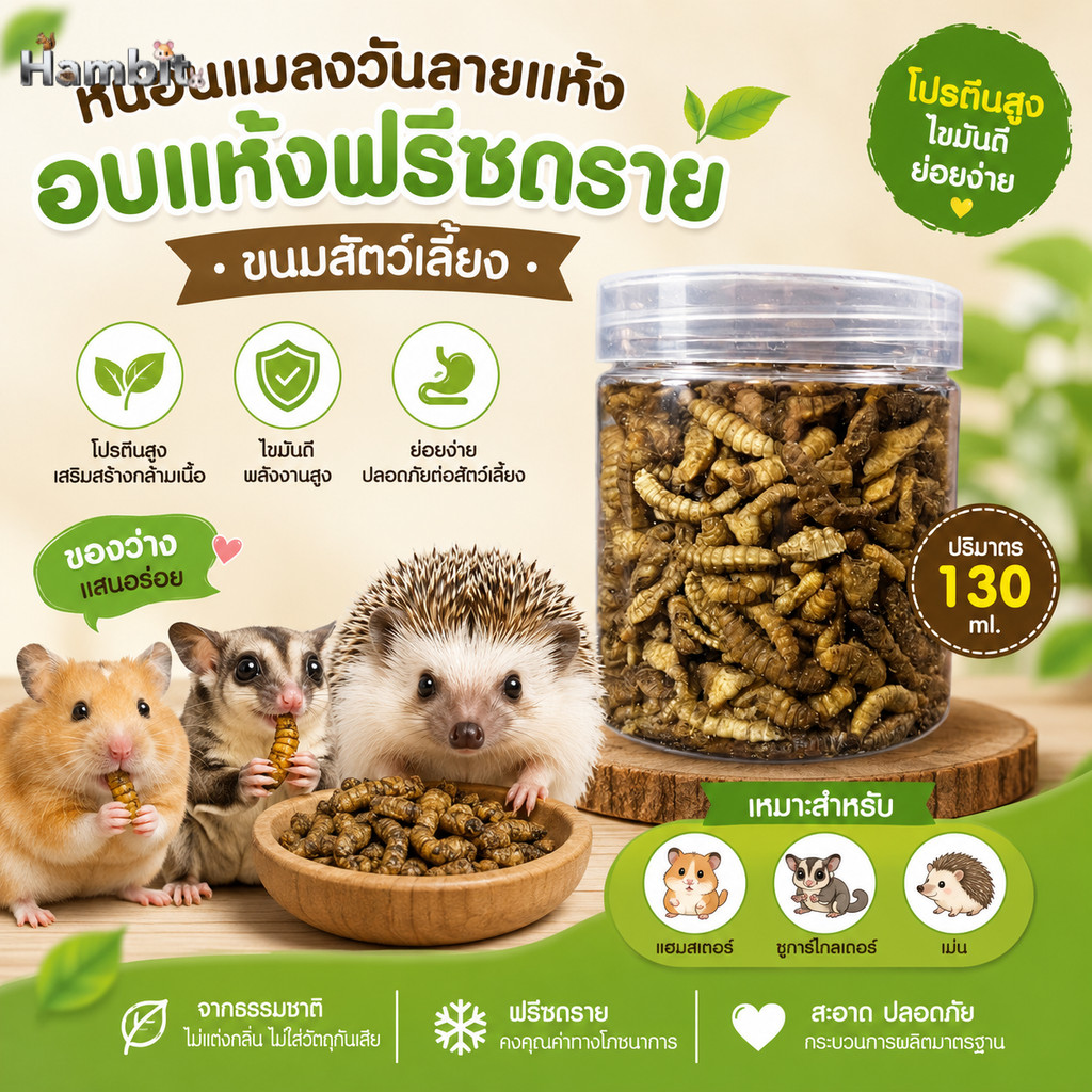 Hambit. หนอนแมลงวันลายอบแห้ง ฟรีซดราย 130ml ขนมสัตว์เลี้ยง แฮมสเตอร์ ชูการ์ไกลเดอร์ เม่นแคระ โปรตีนสูง บำรุงขน