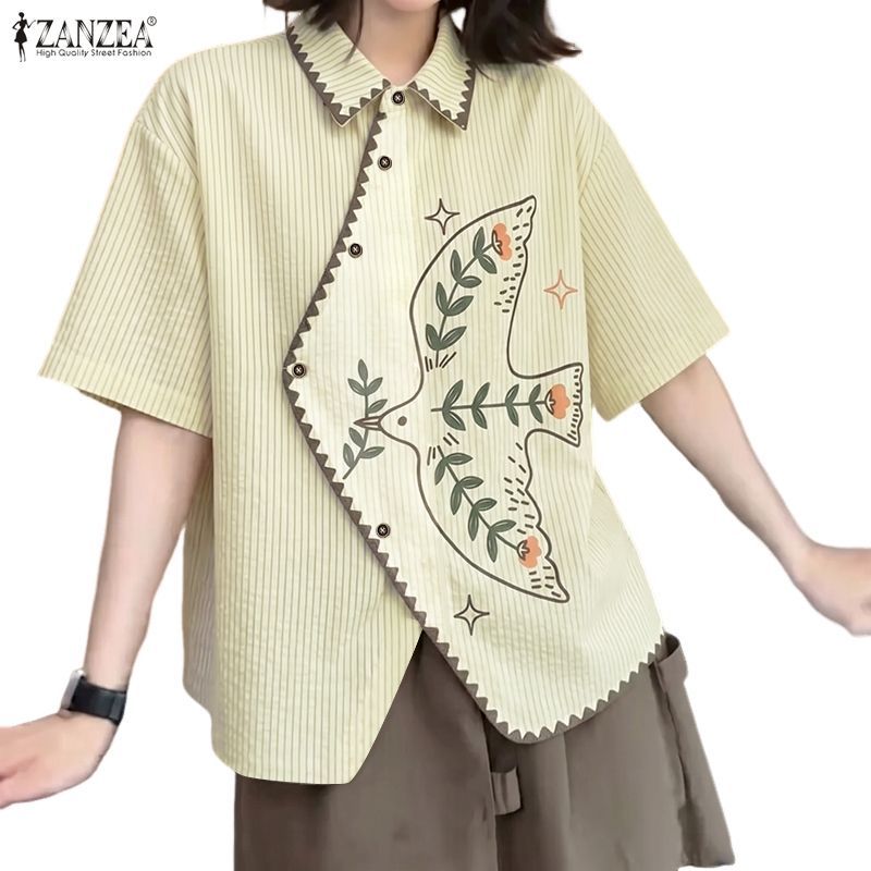 ZANZEA ผู้หญิงเกาหลีย้อนยุคสไตล์ศิลปะ Turn-Down-Collar แขนสั้นไม่สม่ําเสมอปุ่มพิมพ์กราฟิกเสื้อ