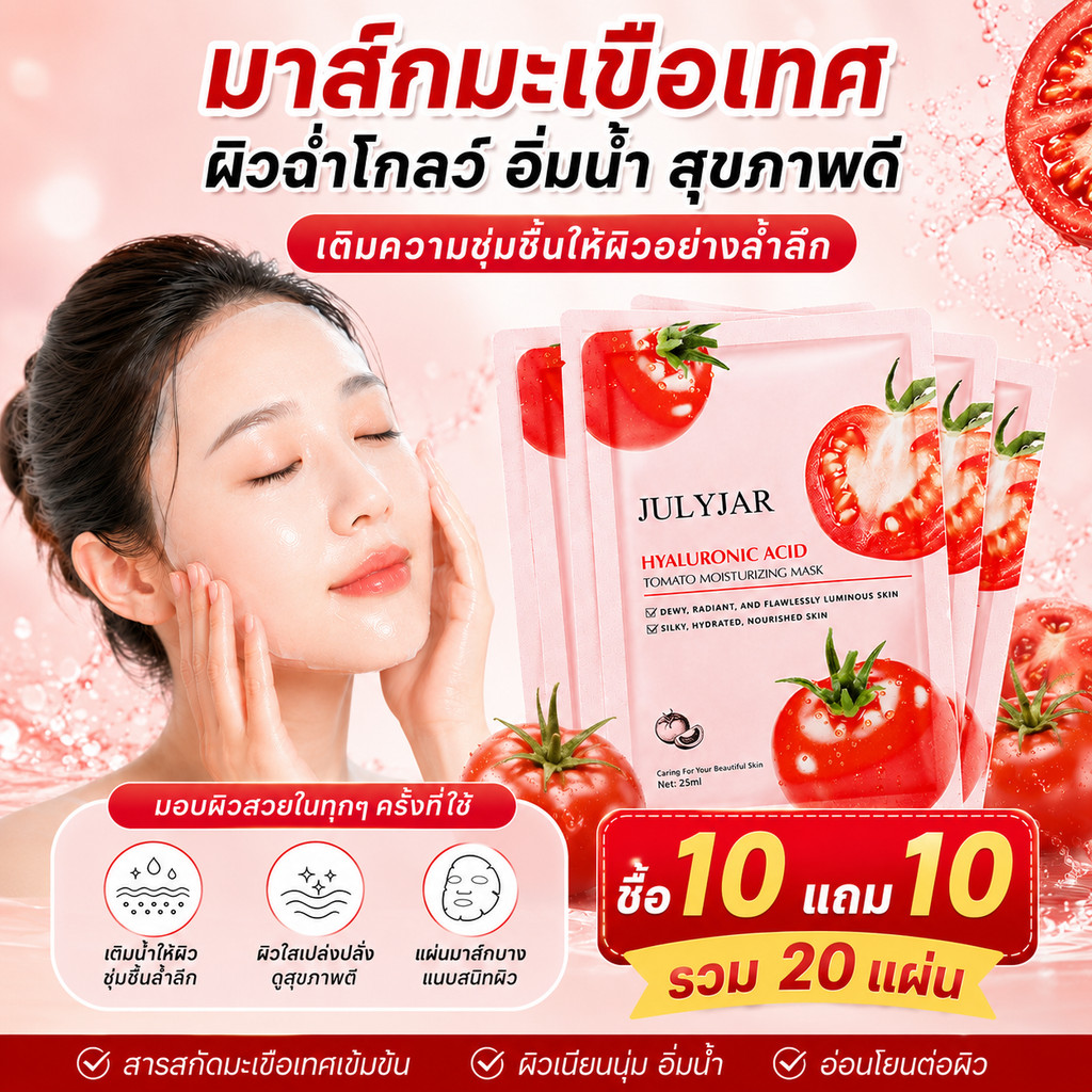 ซื้อ 10 แถม 10 JULYJARมาส์กมะเขือเทศ ไฮยาลูรอนิค เติมน้ำลึก ผิวชุ่มชื้น กระจ่างใส ลดผิวแห้ง ฟื้นฟูผิว แผ่นมาส์กบางแนบผิว