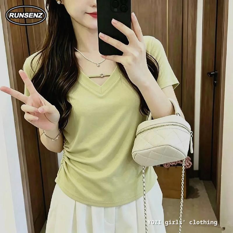 M-4XL แฟชั่นธรรมดาสายคล้องคอ V คอ Tshirt ผู้หญิง Plus ขนาดหลวมด้านข้าง Ruched แขนสั้นด้านบน