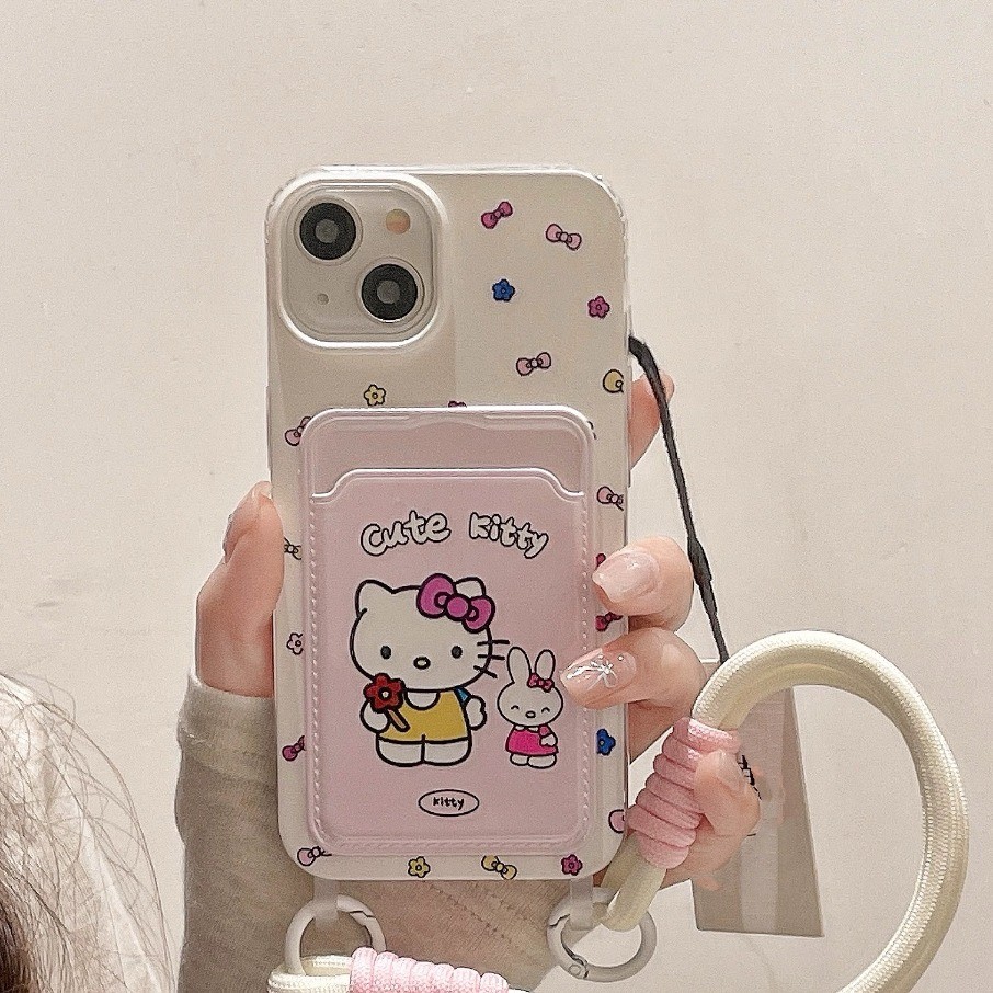 โบว์น่ารัก KT กระเป๋าใส่บัตรแมว + สายคล้องคอ เหมาะสำหรับ iPhone 17 16 15 14 13 12 11 Pro Max Xr XS M