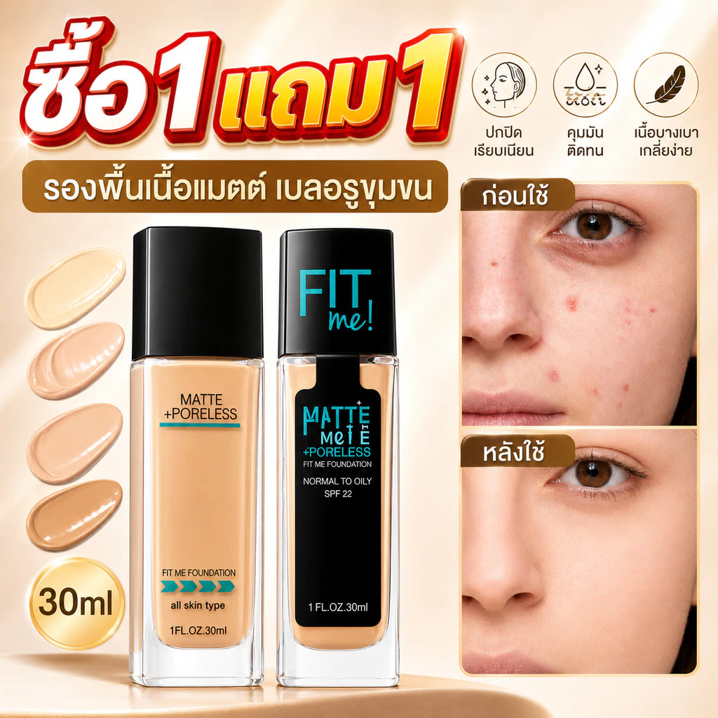 โปรแรง🔥 FitMe รองพื้น 30ml รองพื้นคุมมัน เนื้อบางเบา ปกปิดธรรมชาติ เบลอผิวให้เรียบเนียน ไม่เป็นคราบ ติดทนตลอดวัน