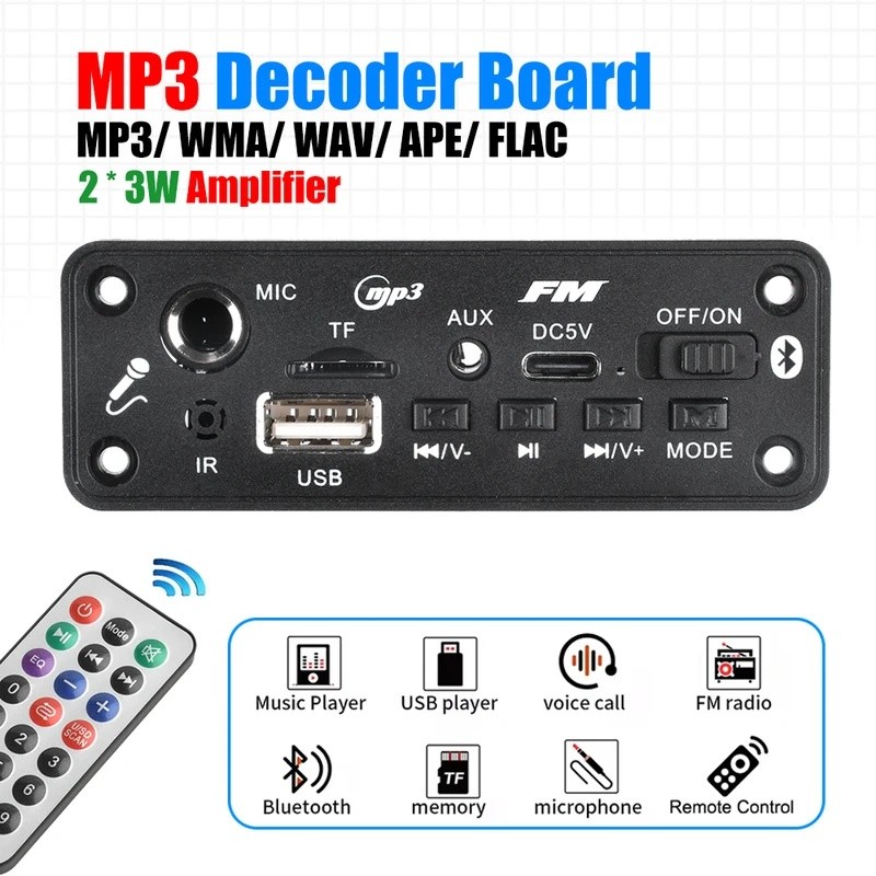 MP3 เครื่องขยายเสียงถอดรหัส 2 * 3W พร้อมแจ็คไมโครโฟน MIC 5.3 Lossless U ดิสก์ TF Card AUX Player Y
