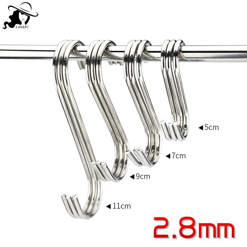 LISHU สแตนเลส S-Shape Hooks Multi-function แขวนตะขอสําหรับเสื้อผ้ากระเป๋าผ้าเช็ดตัวห้องครัวห้องน้ําเก็บ Ra ผู้ถือ th