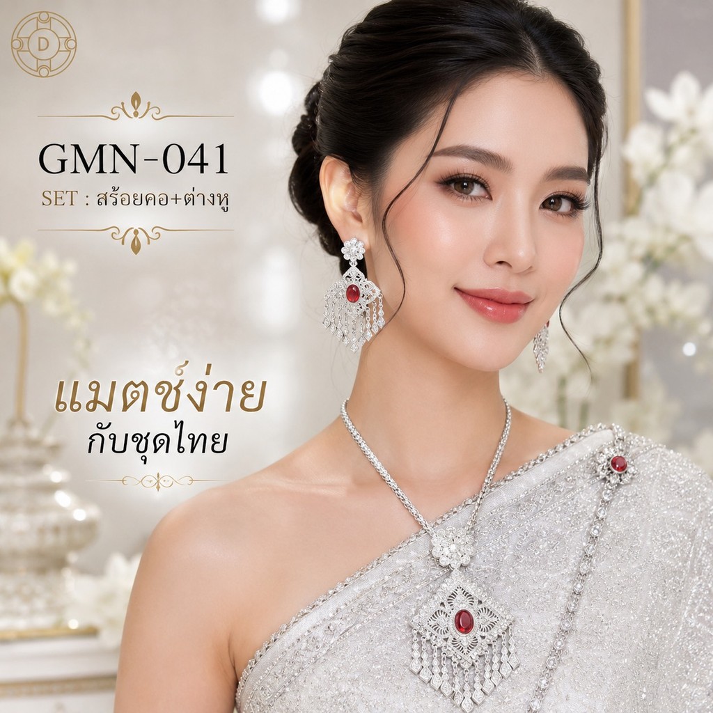 สร้อยคอชุดไทย พร้อมต่างหู ลายไทยโบราณ สีทอง/สีเงิน ยาว 24 นิ้ว เครื่องประดับชุดไทย เจ้าสาว นางรำ งานบุญ