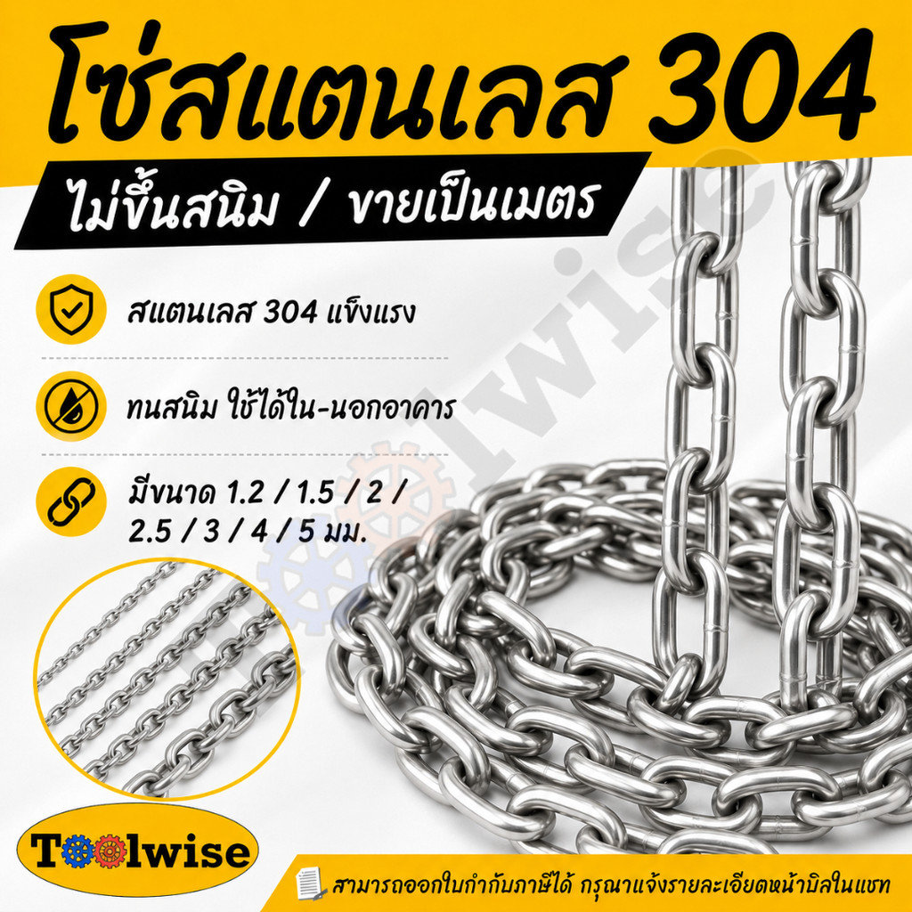 โซ่สแตนเลส เกรด 304 ไม่ขึ้นสนิม ขนาด 1.2 / 1.5 / 2 / 2.5 / 3 / 4 / 5 มม. ราคาขายต่อเมตร