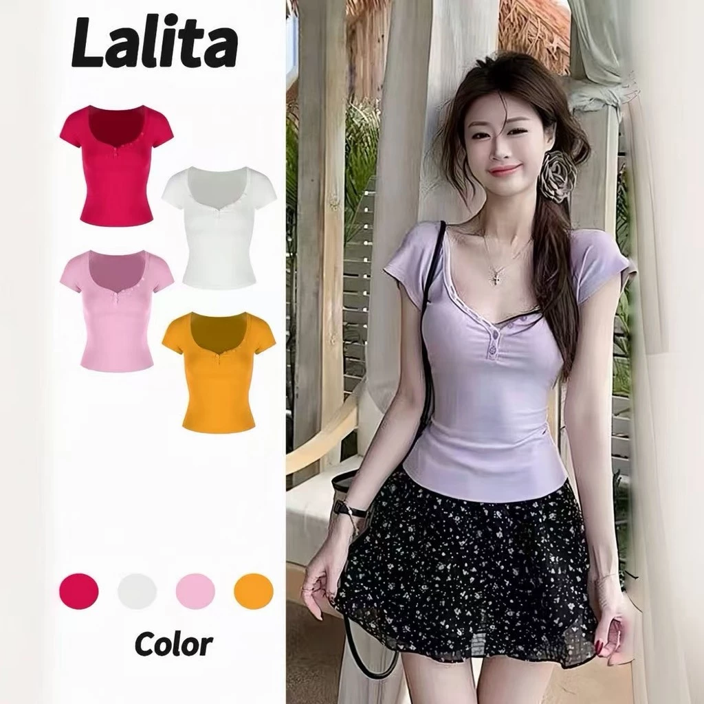 พร้อมส่ง แขนสั้นรั ดรูปเซกซี่ เสื้อน่ารักผู้หญิง เสื้อรัดรูป สีพื้น 4สี ผ้ายืดรูปทรงสวย สไตล์เกาหลี Lalita