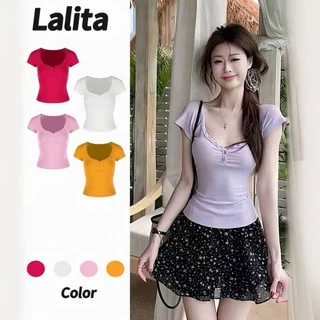 พร้อมส่ง แขนสั้นรั ดรูปเซกซี่ เสื้อน่ารักผู้หญิง เสื้อรัดรูป สีพื้น 4สี ผ้ายืดรูปทรงสวย สไตล์เกาหลี Lalita