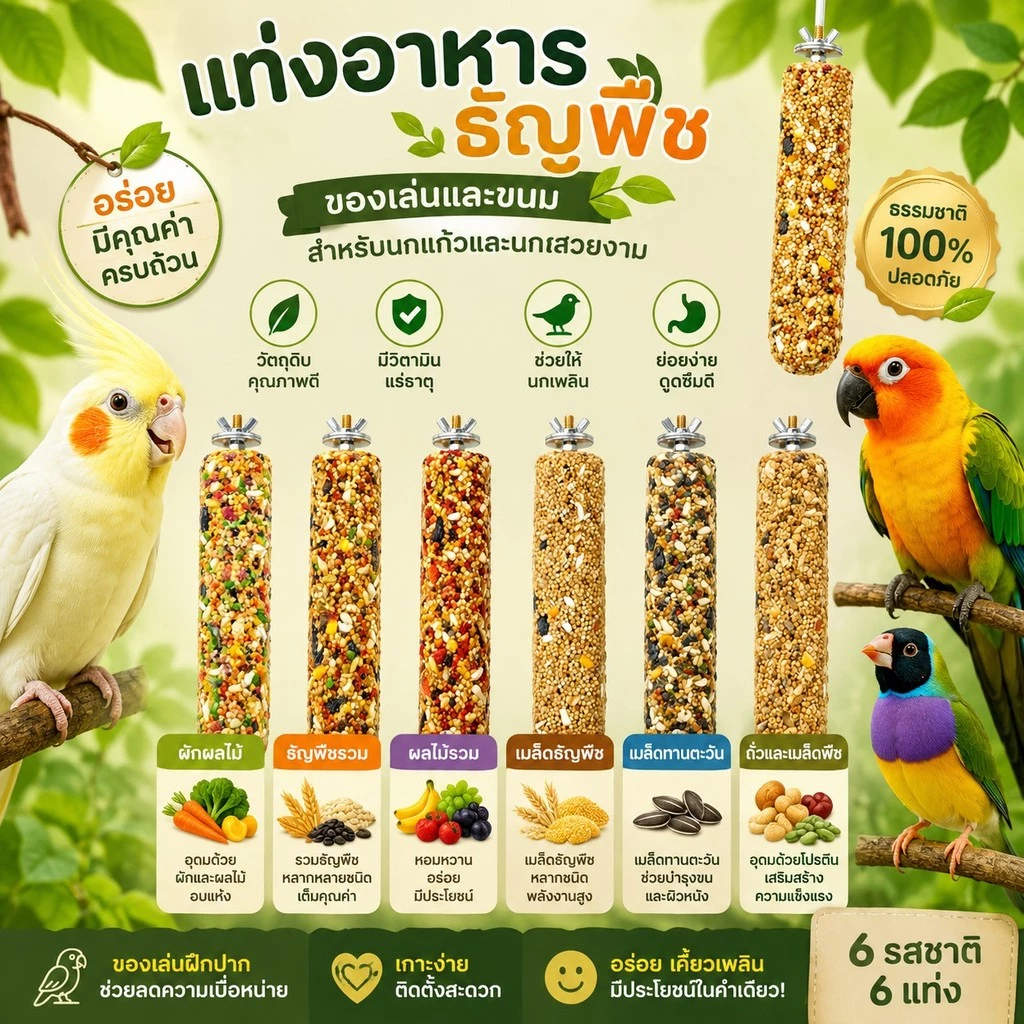 Parrot.thailand แท่งธัญพืชแท้ 100% ขนมลับฟันเสริมวิตามิน สำหรับนก แฮมสเตอร์ และชูการ์ไกลเดอร์