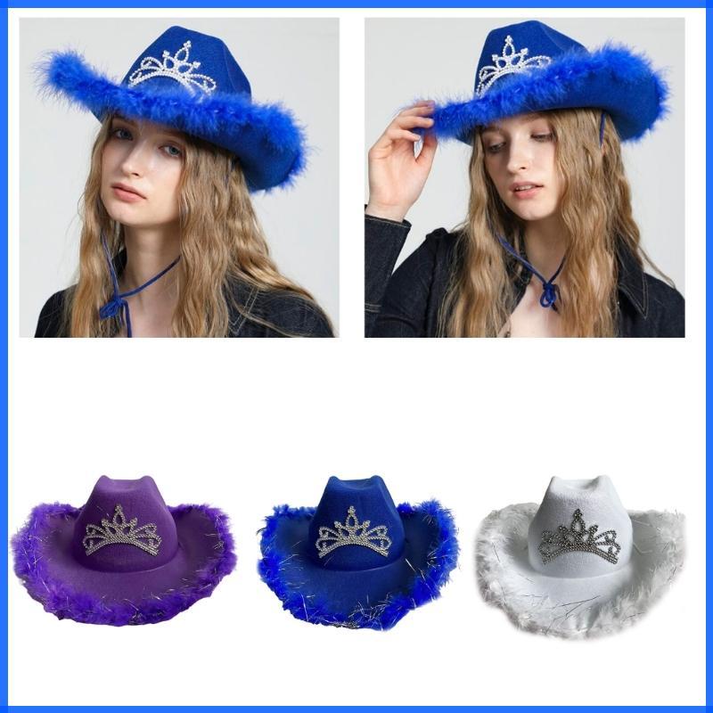 Con หมวกปาร์ตี้ตลก Cowgirls หมวก Furry Trims สุภาพสตรี Western หมวกสําหรับผู้หญิง Fedoras Western Co