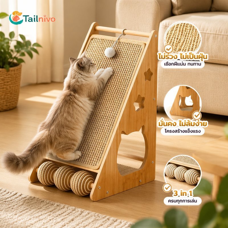 Cat Scratching Post Sisal บอร์ดความหนาแน่นสูงแนวตั้งฐานมั่นคงลูกบอลแขวนมัลติฟังก์ชั่น