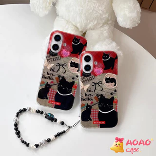 เคสไอโฟน17 สำหรับ iPhone 11 16 13 15 12 14 Pro Max 8 16 7 14 15 Plus XR XS MAX X SE 2020 สร้อยข้อมือแมวสีดำหวาน