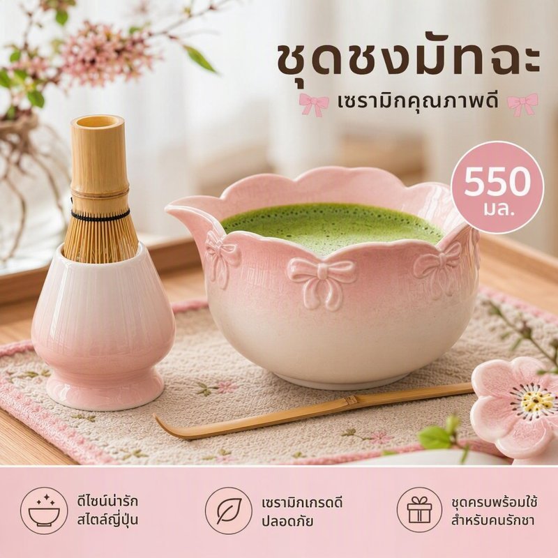 ชุดชามมัทฉะ เซรามิก เคลือบไล่สี พิ้งขาว ลายนูนโบว์ปมจีน ปากดอกกันหก 550 มล พร้อมที่วางชาเซน