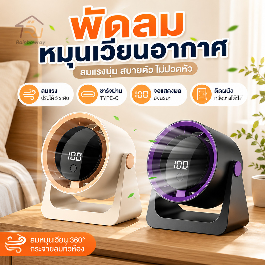 2in1 พัดลมตั้งโต๊ะ พัดลมไร้สาย พัดลมติดผนัง เงียบแบตเตอรี่ทนนาน 5 ระดับ จอLCD ลมแรง วางตั้ง แขวนผนัง