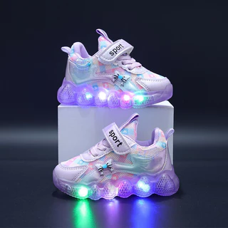 รองเท้าผ้าใบลำลองมีไฟ LED ผ้าตาข่ายระบายอากาศสีชมพูและสีม่วงสำหรับเด็กผู้หญิงเหมาะสำหรับเล่นกีฬา