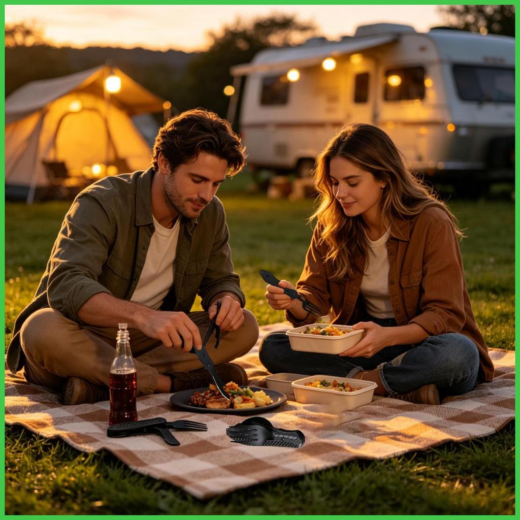 Backpacking Utensils Stainless Steel Pocket Silverware with Blunt Cutter Camping Utensils ช้อนส้อมพั