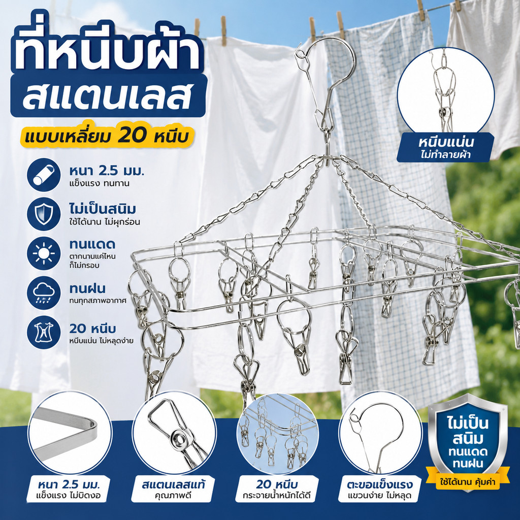 ไม้แขวนเสื้อ ที่หนีบผ้าสแตนเลส 20 ที่หนีบ พวงตากถุงเท้า ไม้แขวนผ้าสแตนเลส ไม่ขึ้นสนิม ราวตากผ้าสแตนเลส มีหลายแบบ