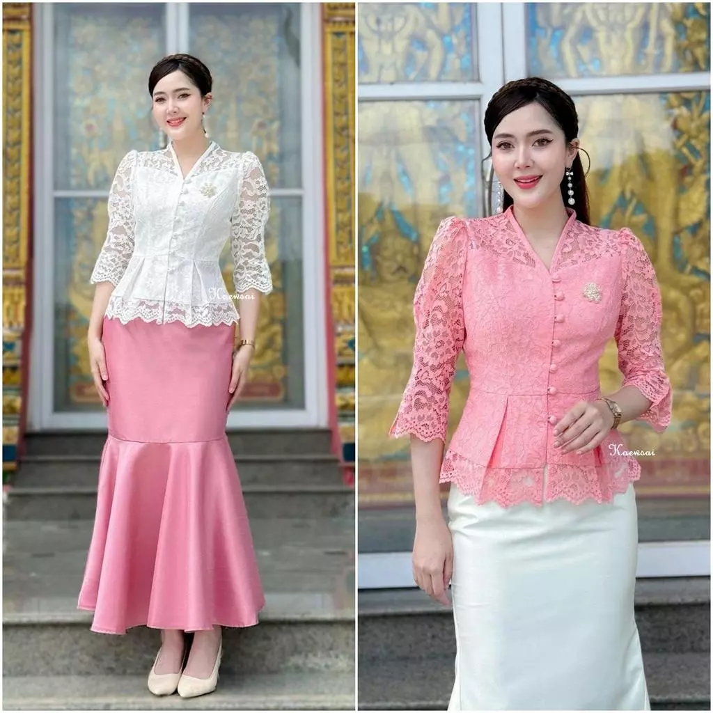 เสื้อรุ่น-Tulip (K) ลูกไม้ดีไซน์ แขนสามส่วนจีบ กระดุมหน้าแกะได้ อัดกาว เสื้อใส่ทำบุญ เสื้อออกงาน