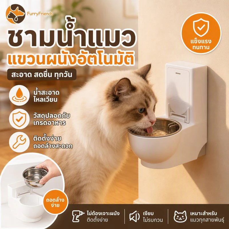 COD เครื่องให้น้ำสัตว์เลี้ยง รูปทรงโถส้วมชามน้ำ ชามแมว สามารถแขวนผนัง ป้องกันการพลิกคว่ำ