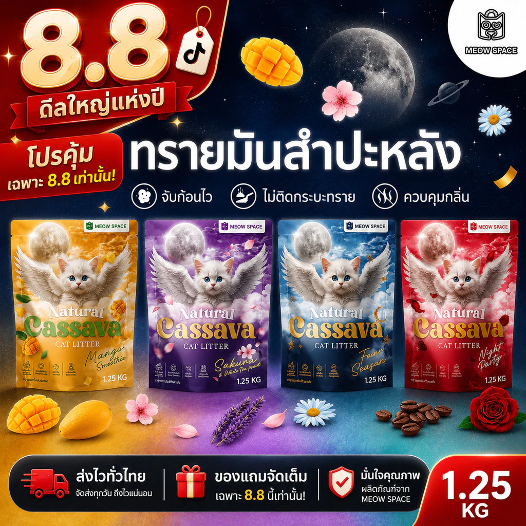 ทรายแมวมันสำปะหลังMEOW SPACE 1.25กิโล ทรายแมวไร้ฝุ่น จับก้อนทันที ไม่ติดกะบะทราย