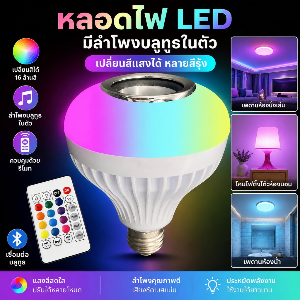 หลอดไฟ LED มีลำโพงบลูทูธในตัว เปลี่ยนสีแสงได้ หลายสีรุ้ง ควบคุมด้วยรีโมทคอนโทรล สำหรับตกแต่งภายในบ้าน