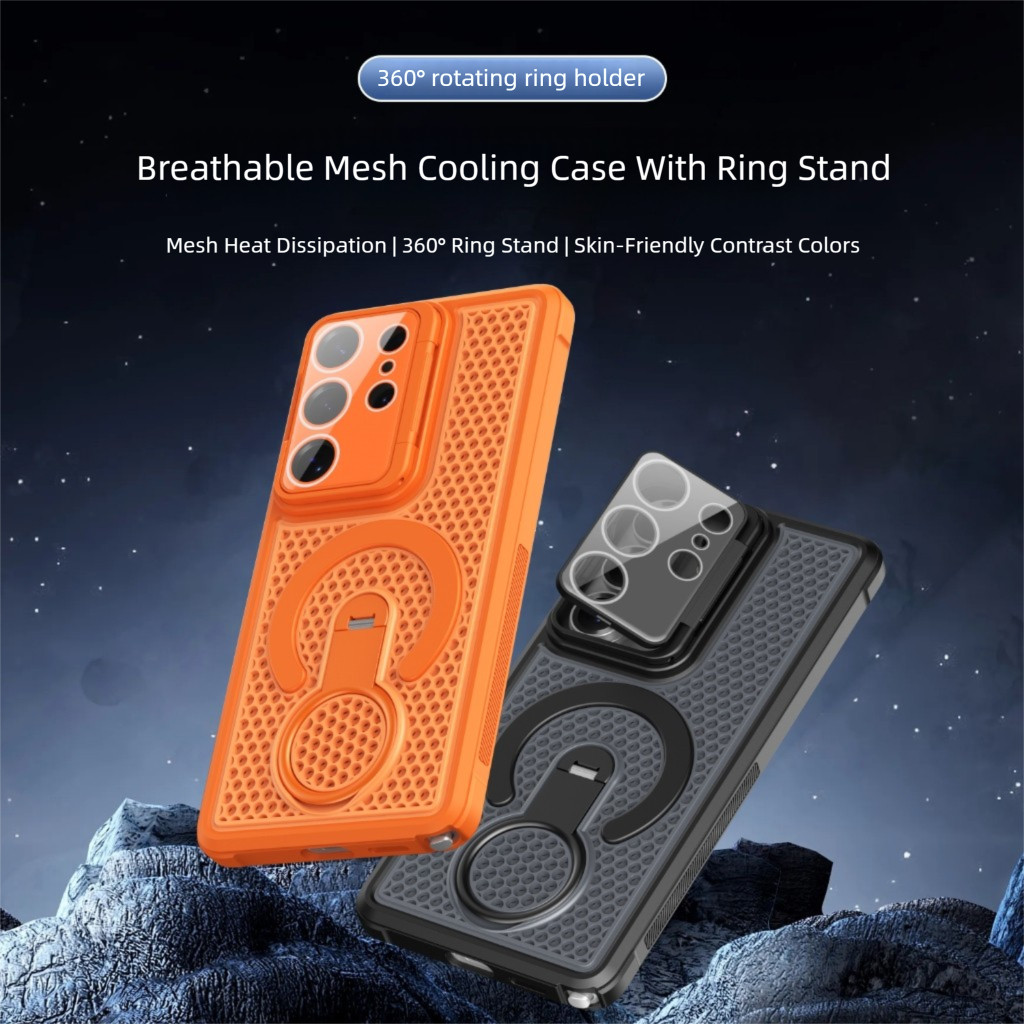 เคสแม่เหล็กตาข่ายระบายความร้อนระบายอากาศสําหรับ Samsung S26 S25 S24 S23 Ultra Plus FE, 360° ที่วางขาตั้งแหวน การกระจายความร้อน ฝาครอบแบบด้าน รองรับการชาร์จ แม็กเซฟ