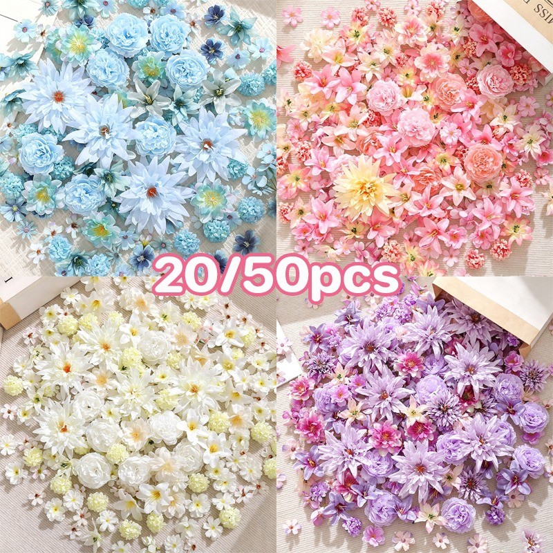 DIY ดอกไม้ประดิษฐ์ 20/50pcs หัวดอกไม้ผสม ดอกเคมีเลีย โบตั๋น คาร์เนชั่น การจำลองขั้นสูง ตกแต่งบ้าน งานแต่ง งานปาร์ตี้