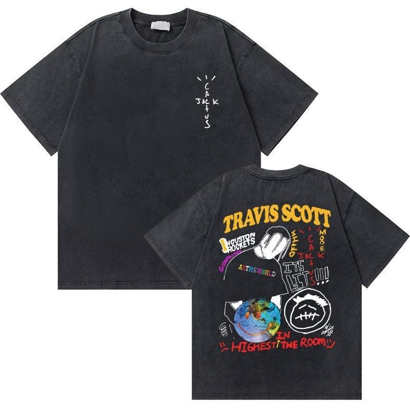 Retro Washed Old Cactus Jack Utopia พิมพ์รอบคอผ้าฝ้ายเสื้อยืดผู้ชายผู้หญิงเยาวชนอินเทรนด์ Rock แขนสั