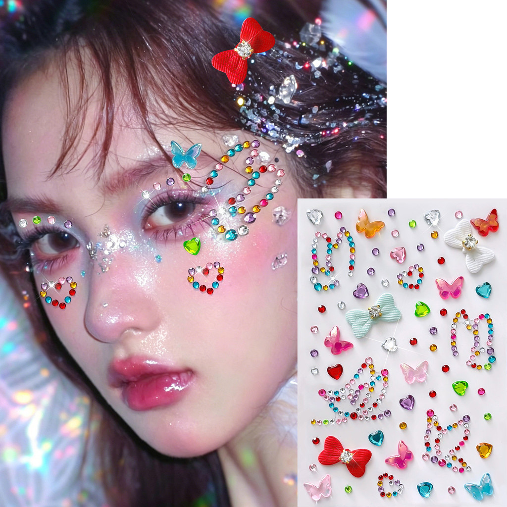 1/2Sheep สติกเกอร์อัญมณีหน้าผีเสื้อสีสันสดใสปราศจากกาว Sparkly Eye สติกเกอร์เทศกาลดนตรีเวทีตกแต่งใบหน้า DIY แต่งหน้า