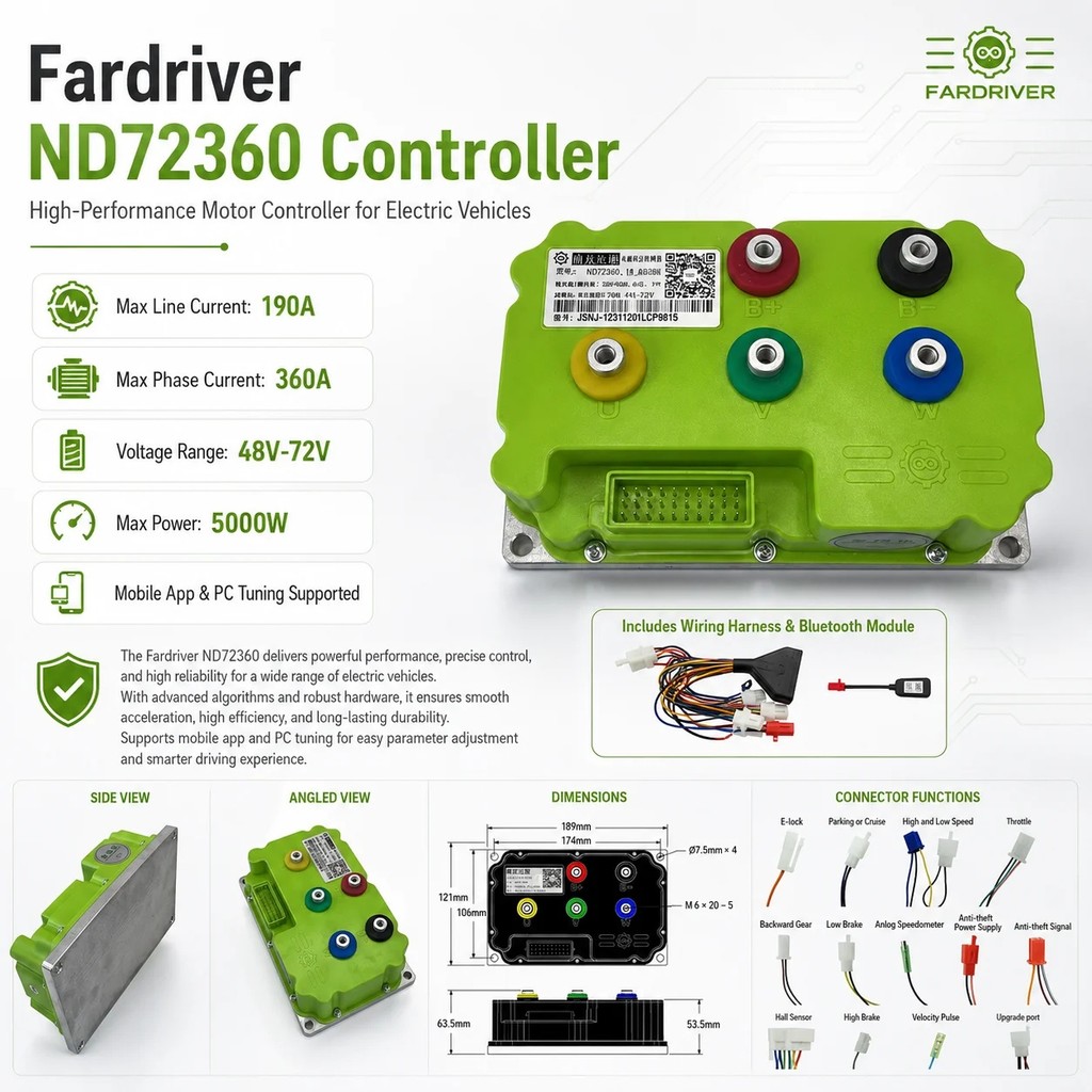 PGUM Spot delivery Fardriver ND72360 ตัวควบคุมคลื่นไซน์ที่ตั้งโปรแกรมได้อัจฉริยะรถจักรยานยนต์ไฟฟ้าตั