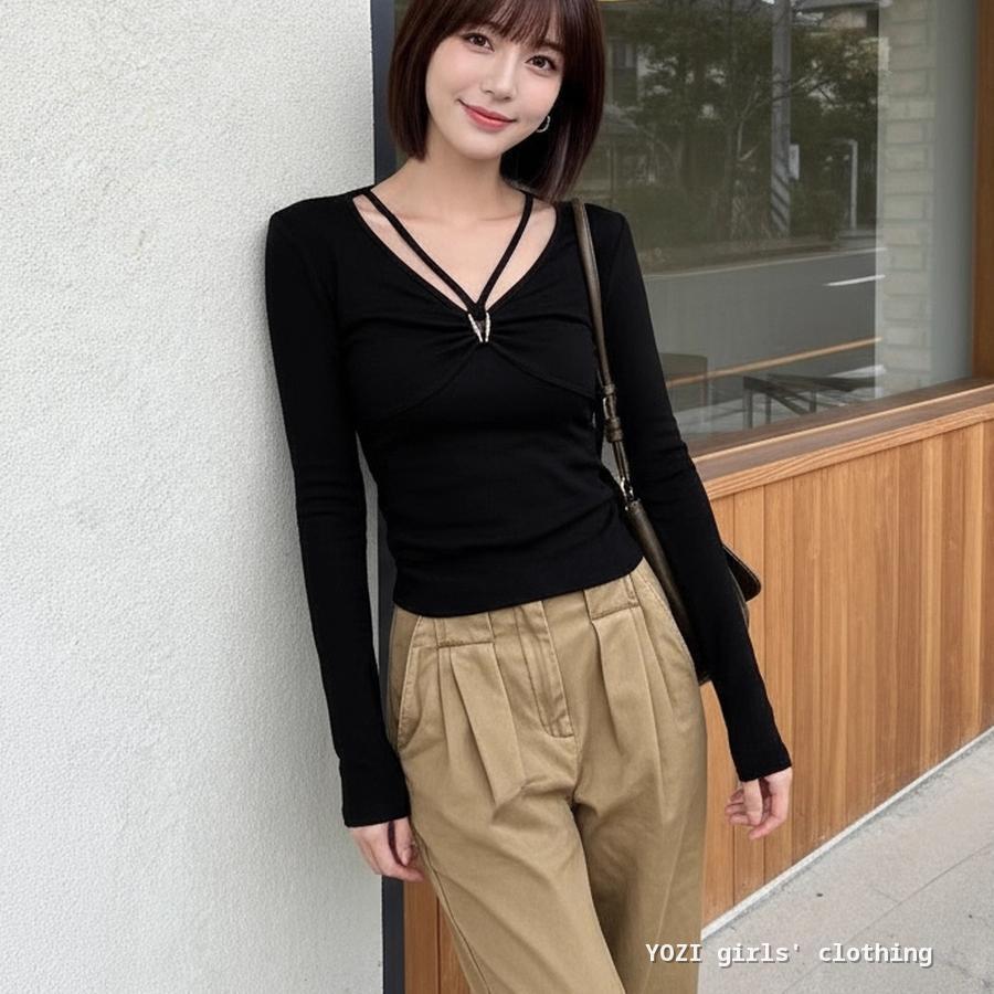 M-4XL แฟชั่นธรรมดาสีดําแขนยาวเสื้อยืดผู้หญิง Plus ขนาดหลวม V คอ Crisscross สายคล้องคอรายละเอียด Top