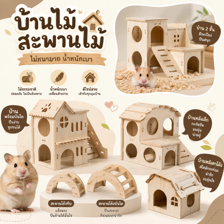 [ crazy pet shop ] ✅บ้านไม้ บ้าน2ชั้น สะพานไม้ไม้ สำหรับหนูแฮมสเตอร์