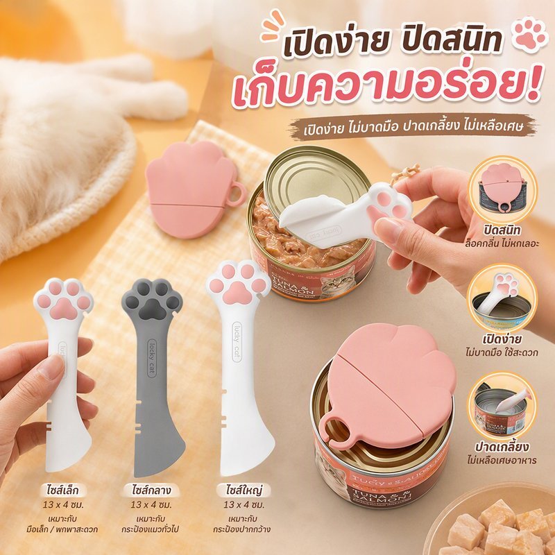 ที่เปิดกระป๋องอาหารแมว ช้อนปาดซิลิโคน แกนแข็ง ปาดซอส ปลอดสารพิษ ล้างเครื่องได้ ฝาปิดกระป๋อง