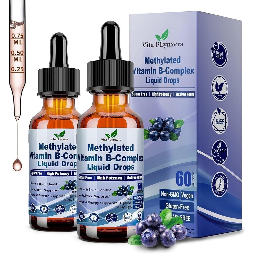 2แพ็คคู่ B Liquid drop,9Combination1,Including B12,Folic acid, Inositol,Coline,TMG,Vitamin C,Super B