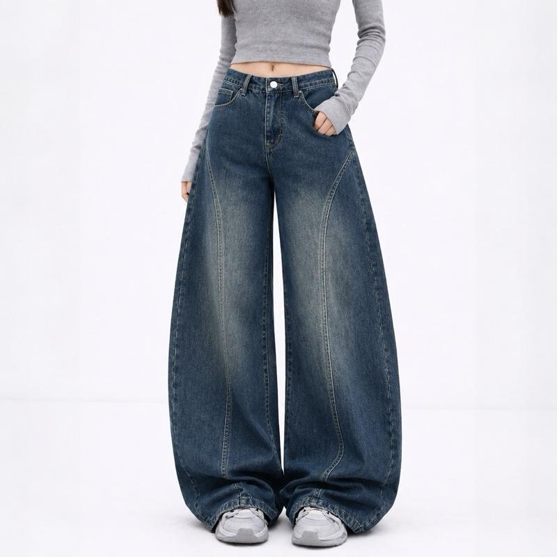 JINJEANS-442 | (XS-6XL) jinjeans กางเกงยีนส์ทรงหลวม barrel baggy jeans สีบลูวินเทจ เอวสูง