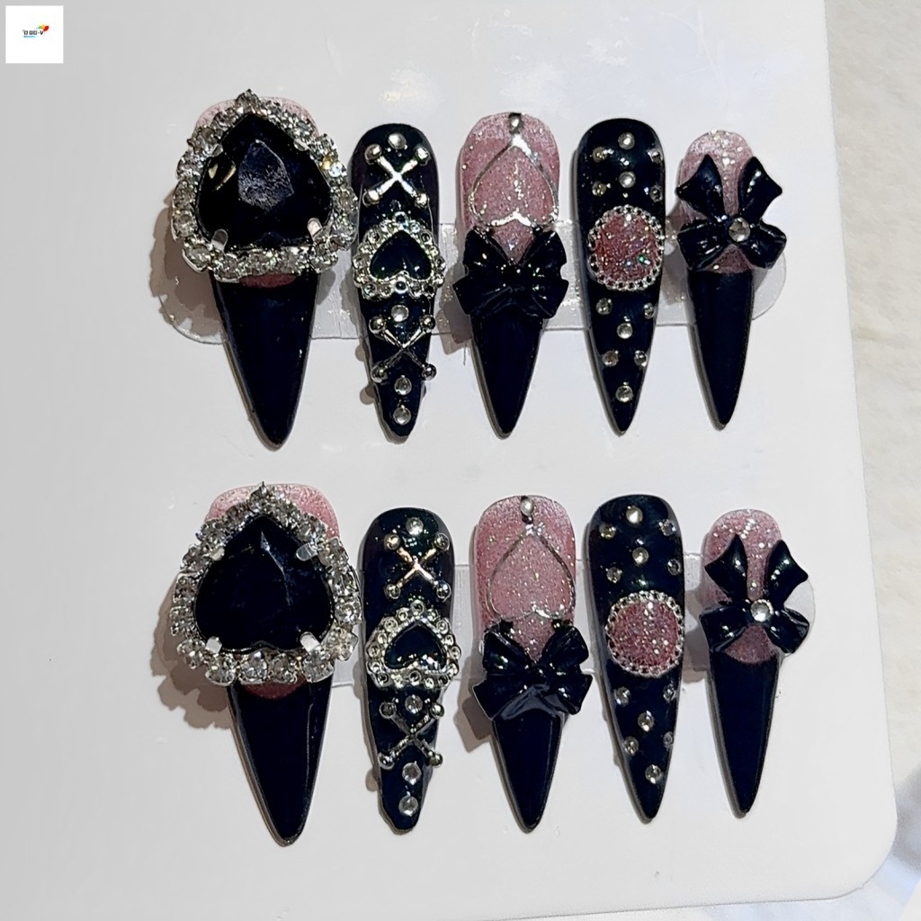 10 ชิ้น Dark Gothic Glitter เล็บปลอม - Y2K Glossy Nails สําหรับการแสดงบนเวที