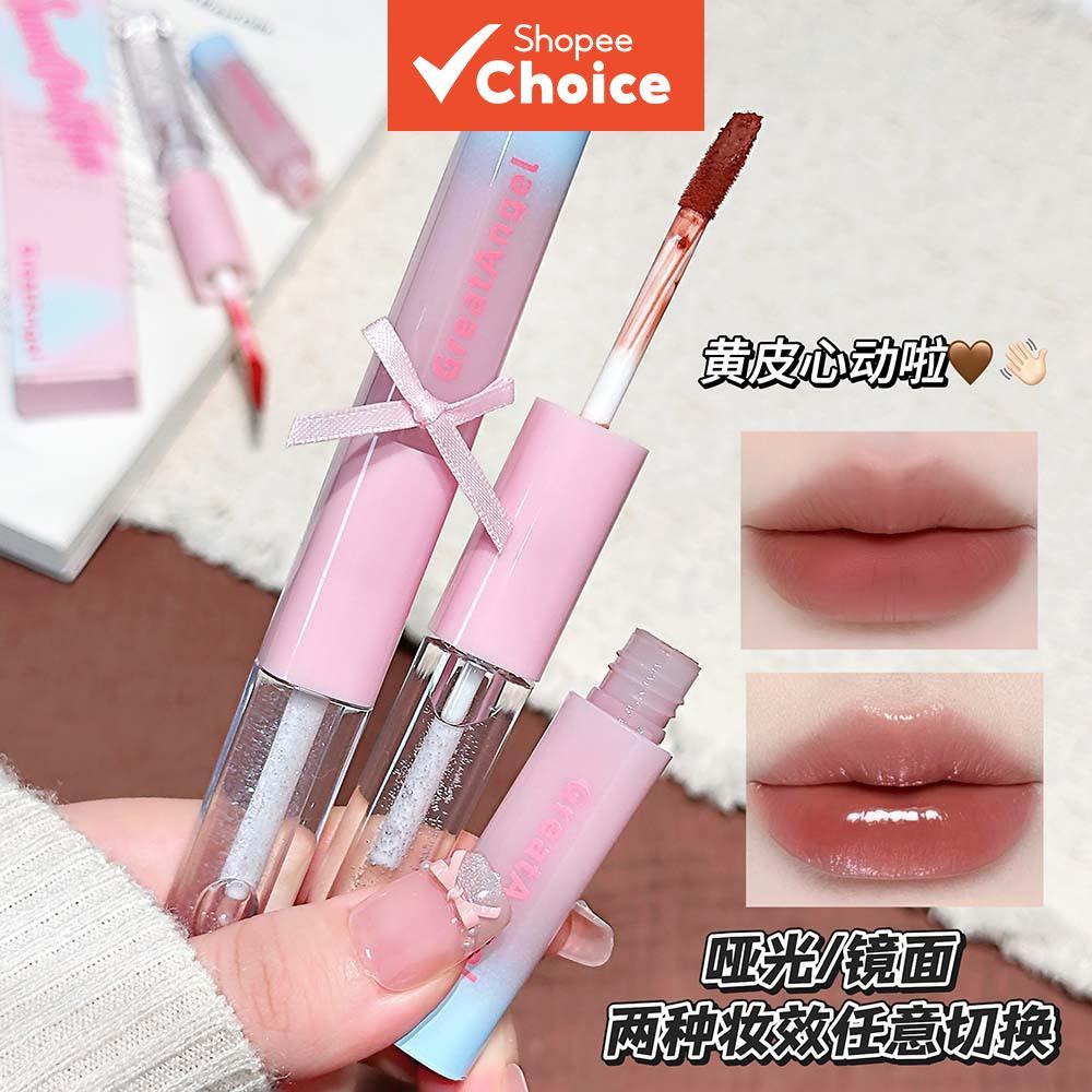 GreatAngel Sunset Pink Mist Double-Ended Lip Glaze, Velvety Fine Matte Glaze, Mirror Oil