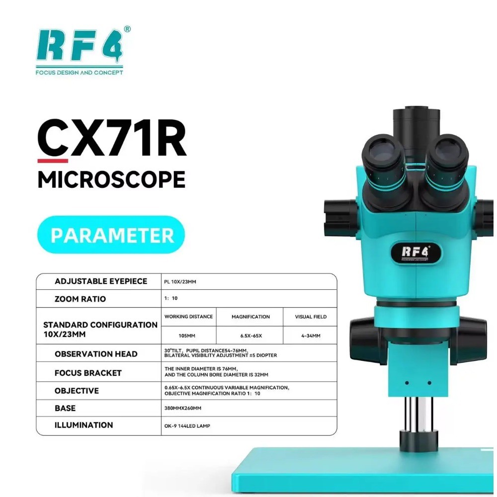 RF4 CX71R กล้องจุลทรรศน์สเตอริโอ Trinocular โฟกัสใหม่ 6.5x-65x 30°C การออกแบบตามหลักสรีรศาสตร์ 10X/2