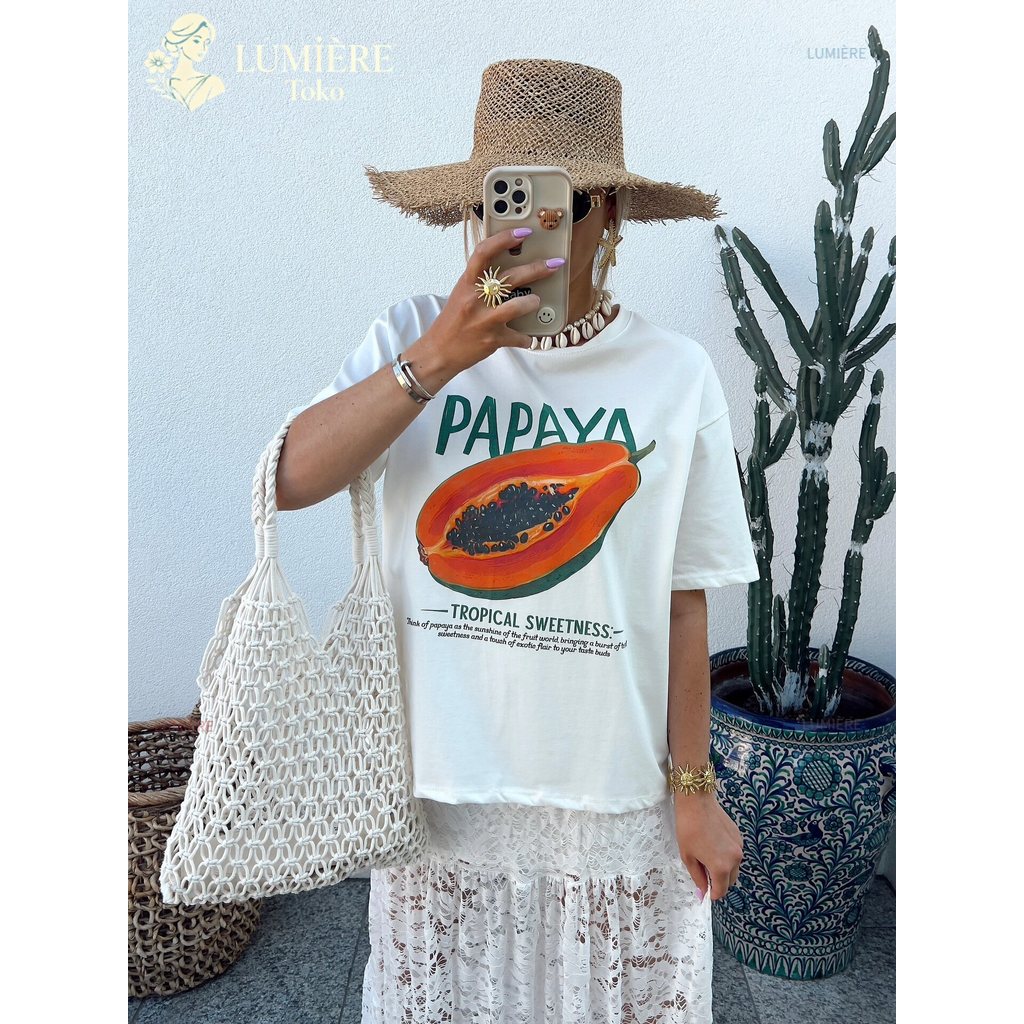 LUMIÈRE เสื้อยืดสไตล์อเมริกัน Shop Papaya Fruit Motif เสื้อยืดผู้หญิง