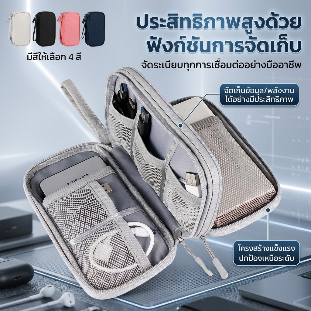 กระเป๋าจัดเก็บอุปกรณ์อิเล็กทรอนิกส์ กระเป๋าเก็บสายชาร์จ อุปกรณ์ไอที กันกระแทก พกพาสะดวก มีช่องจัดเก็บหลายช่อง มี 4 สี