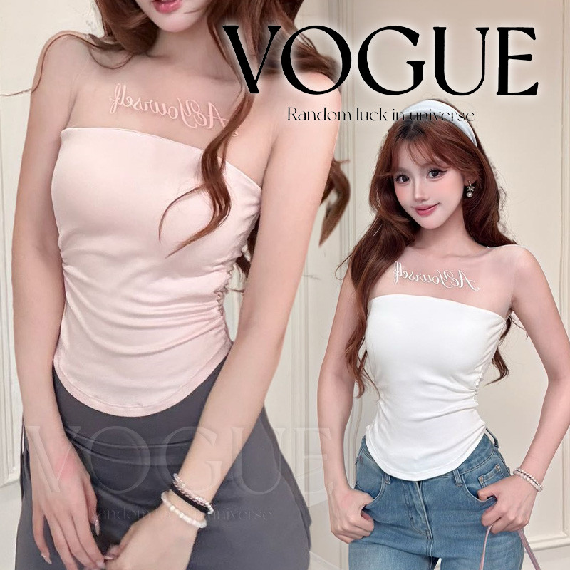 Vogue🌟พร้อมส่ง🌟 เสื้อยืดแขนกุดทรงเข้ารูป ดีไซน์แต่งตาขายประกบตัวอักษร เซ็กซี่มีฟองน้ำในตัว (FY9119)