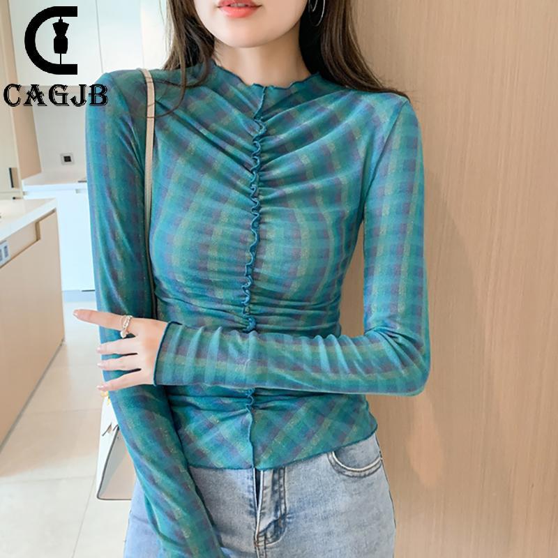 [CAGJB] ฤดูใบไม้ร่วงผู้หญิง Retro พิมพ์ตาข่ายเสื้อยืด Hottie รอบคอแขนยาว Ruching Slim Top UOM