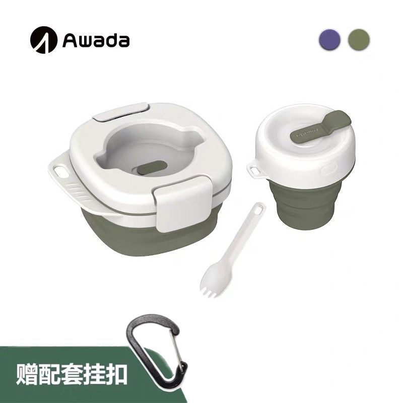 Awada ชุดประกอบ Camping ชามซิลิโคนแบบพกพาชามพับได้ถ้วยช้อนชุดกลางแจ้ง Integrated Storage Tableware u