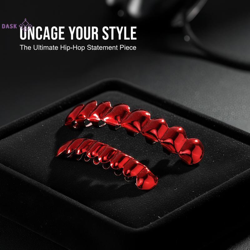[DASK] Hip Hop Shiny Red Mirror Grillz 8 Top Bottom Tooth Grills Y2K Style for Cosplay Music Party R