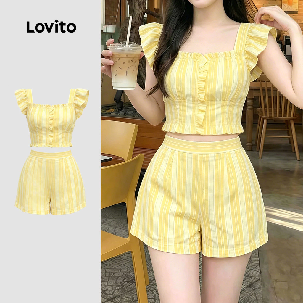 (New Arrival) Lovito เสื้อหรือกางเกงสไตล์หรูหรา ขอบระบายลูกไม้ สีเหลืองสดใส ชุดสูทฤดูร้อนสําหรับผู้หญิง เกาหลี อินเทรนด์ LK7AD248