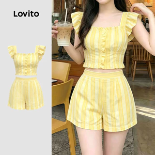 (New Arrival) Lovito เสื้อหรือกางเกงสไตล์หรูหรา ขอบระบายลูกไม้ สีเหลืองสดใส ชุดสูทฤดูร้อนสําหรับผู้หญิง เกาหลี อินเทรนด์ LK7AD248