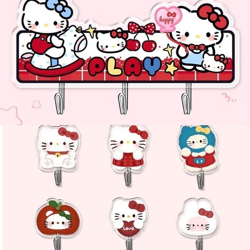 Hellokitty周边免打孔厨房浴室宿舍粘钩可爱挂钩凯蒂猫卡通礼物&Kitty Cat Cartoon Hook Creative No Trace Adhesive Hook Wooden Str